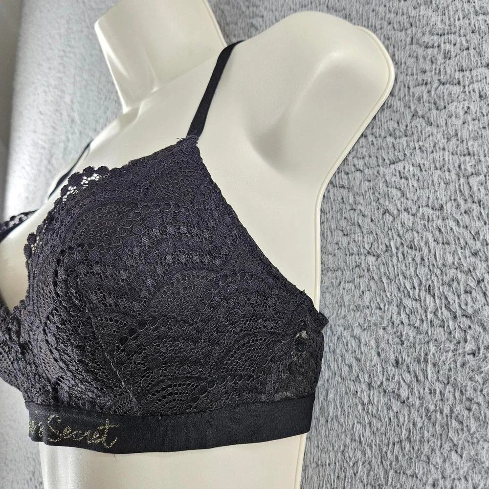 Victorias Secret Lined No Wire Bra Womens 32D Black Floral Lace Wireless Comfort
